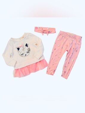 btween Pink and Cream Sequin Cat Pajama Set with Headband 18M 8 0551